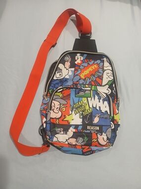 Reason Comic-Print Sling Bag with Orange Strap